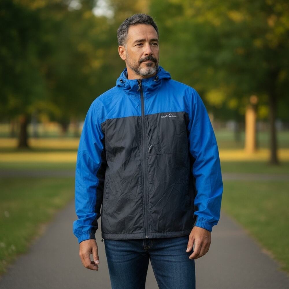 EDDIE BAUER Men’s XL Blue Black Full Zip Rain Jacket